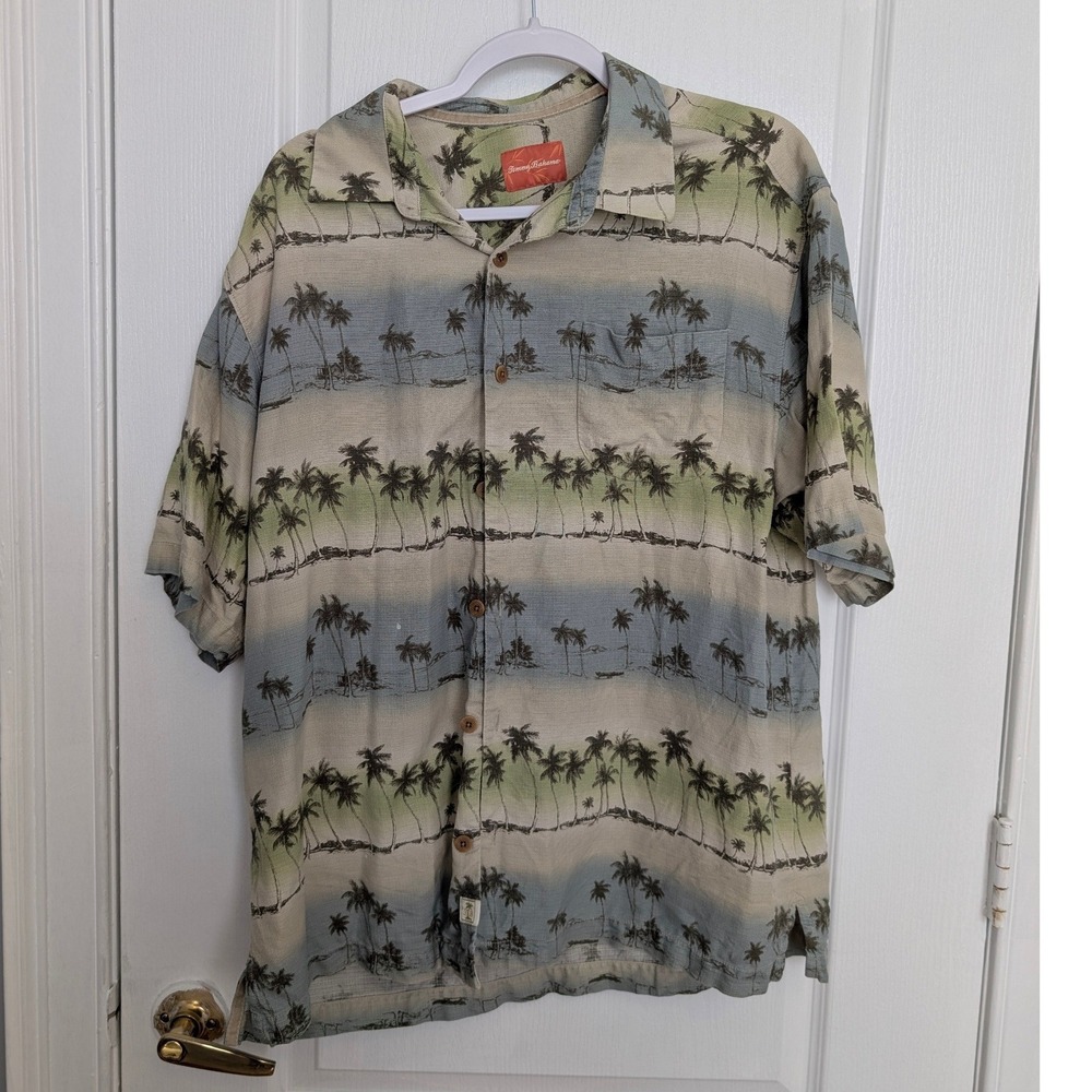 Tommy Bahama Mens Large 100% Silk Shirt Palm Tree Tropical Print Button Down
